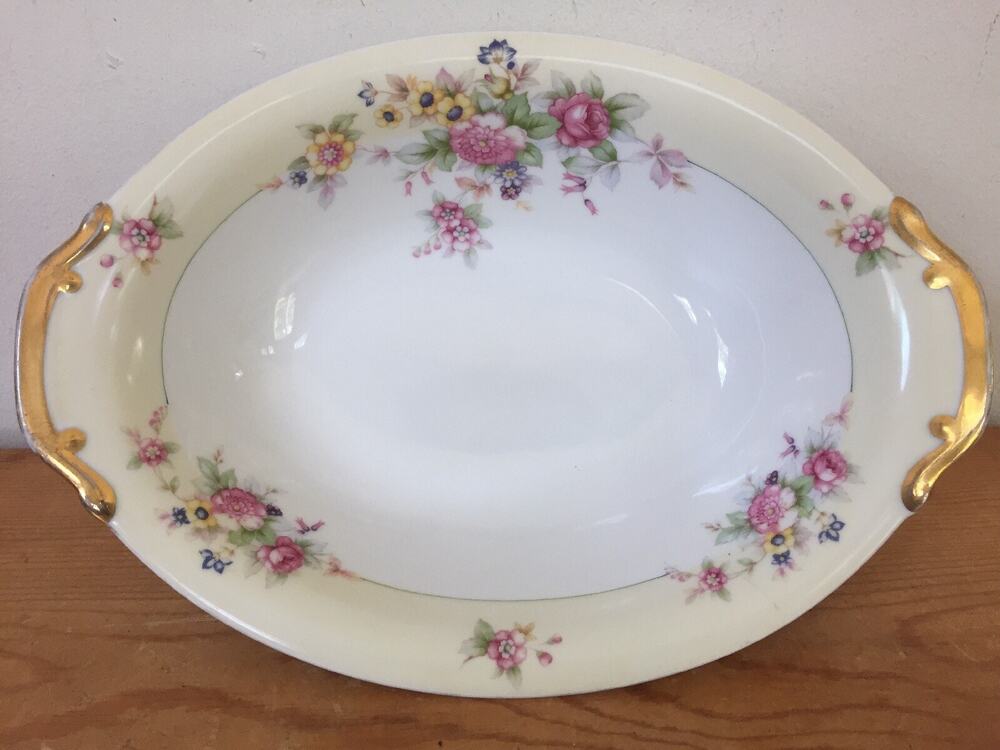 Vtg Japanese Porcelain White Yellow Floral Roses Oval Vegetable Serving Dish 11"